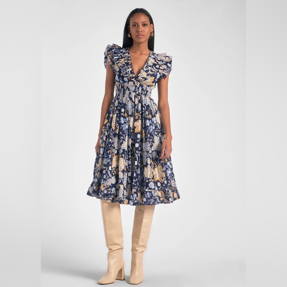 Elan 100% Cotton Emma Tiered Floral Navy Midi Dress SMALL Cottagecore Feminine - Picture 1 of 10